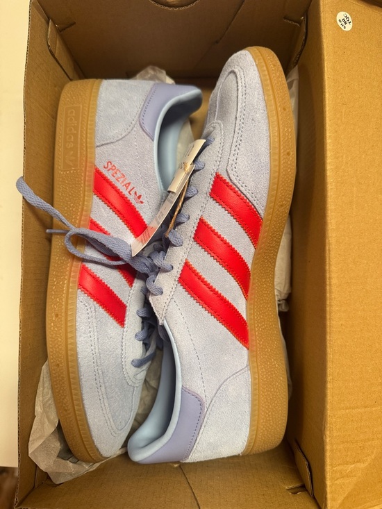 adidas Shoes - Women Adidas Light Blue Suede Sneakers with Red Stripes and Gum Sole